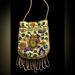 Embroidered Floral Vintage Beaded Fringe Mini Bag ~ Crossbody Colorful Sm. Purse